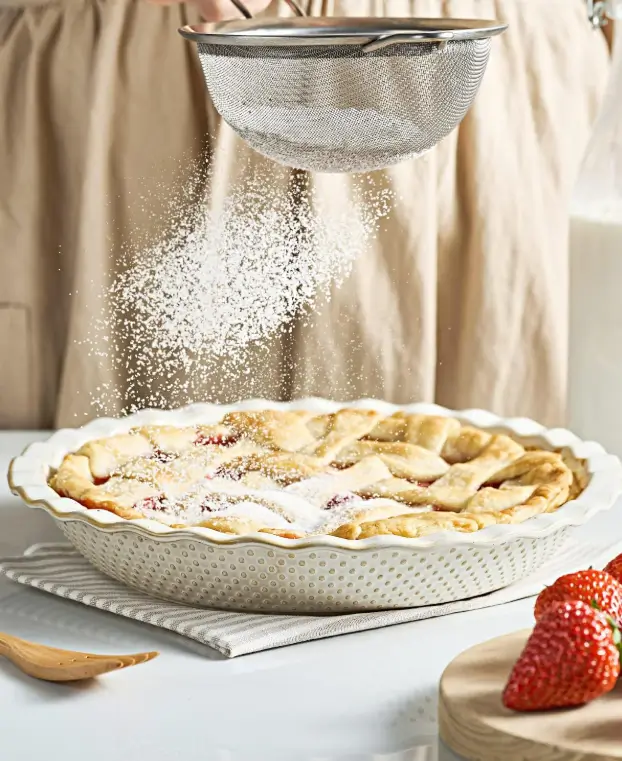 Hands dusting sugar over a lattice pie baked in a Getstar embossed ceramic pie pan