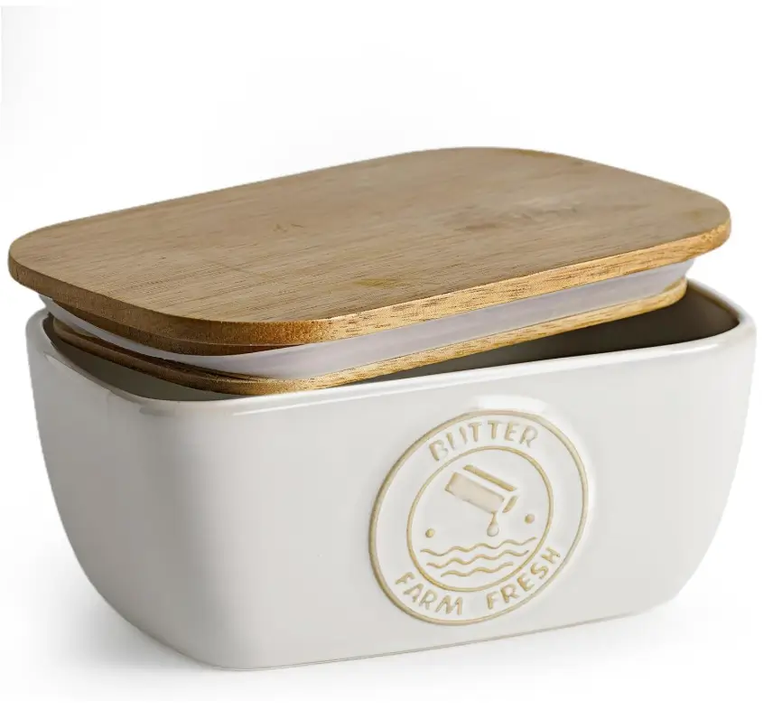 Ceramic Butter Dish with Acacia Wood Lid, 6.5" x 4"