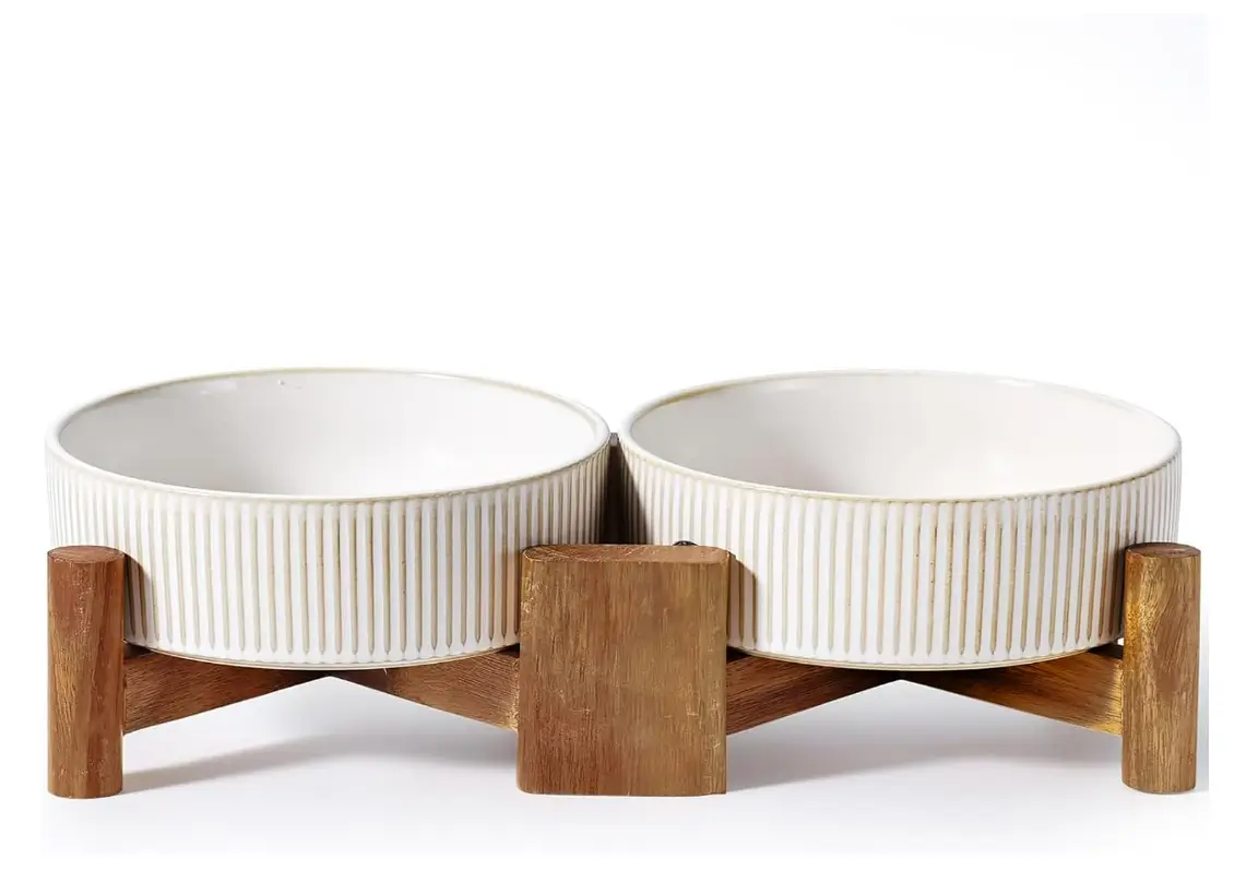 Elevated Ceramic Pet Bowl Set with Wood Stand, 1.8 Cup